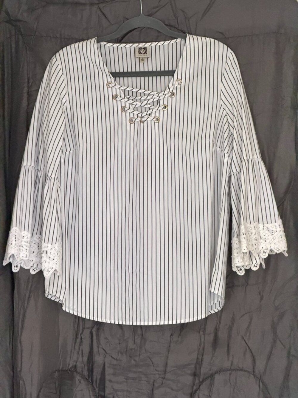 Anne Klein Striped Lace-Up Grommet Bell Sleeve Blouse with Crochet Lace - S